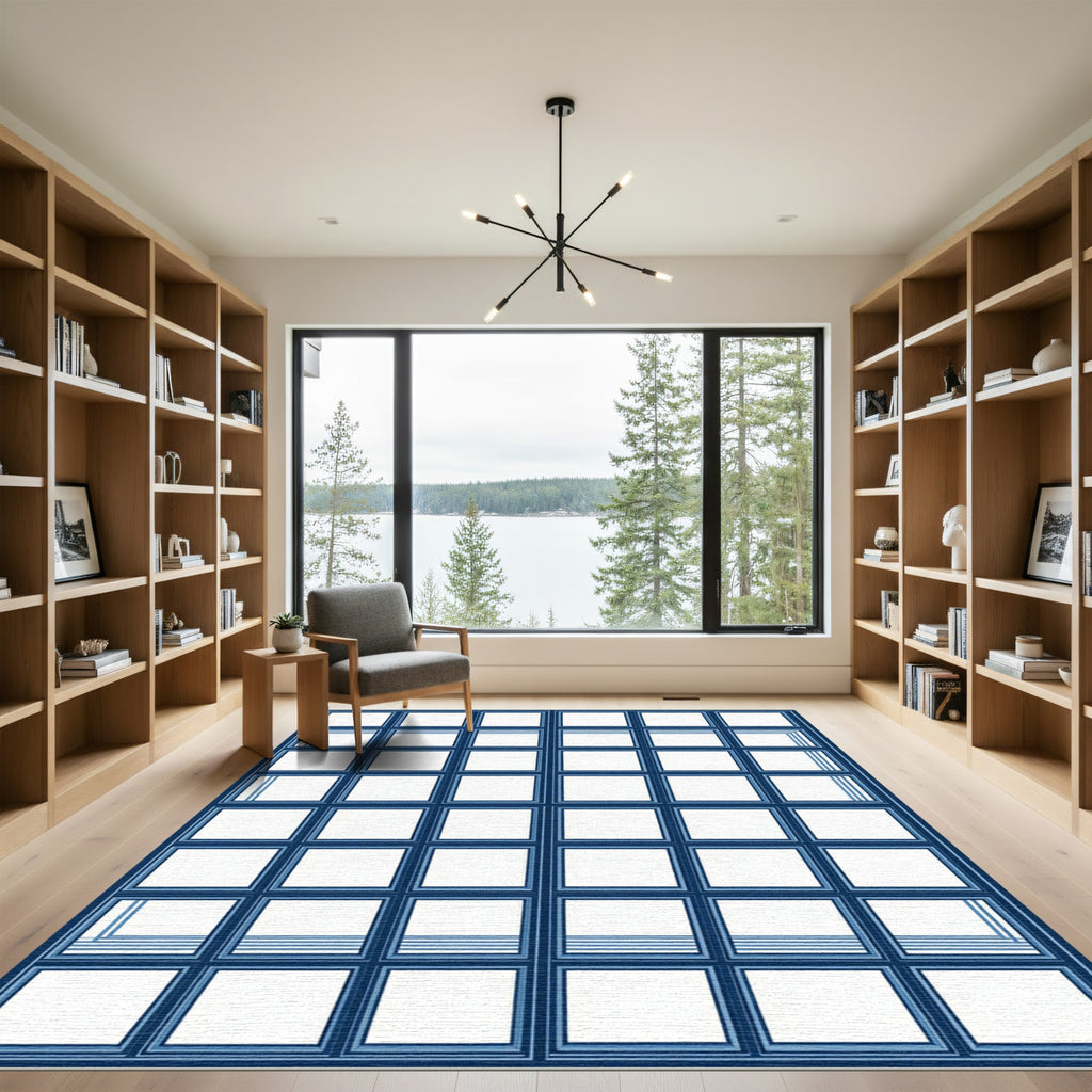 Minimalist Navy Blue Grid Square Window Rug
