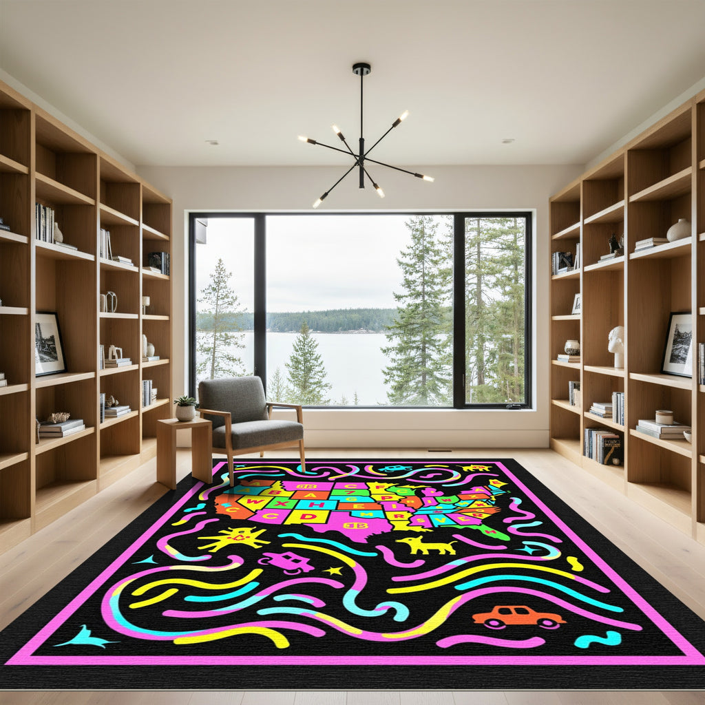 Colorful Alphabet Map Creatures and Cars Rug