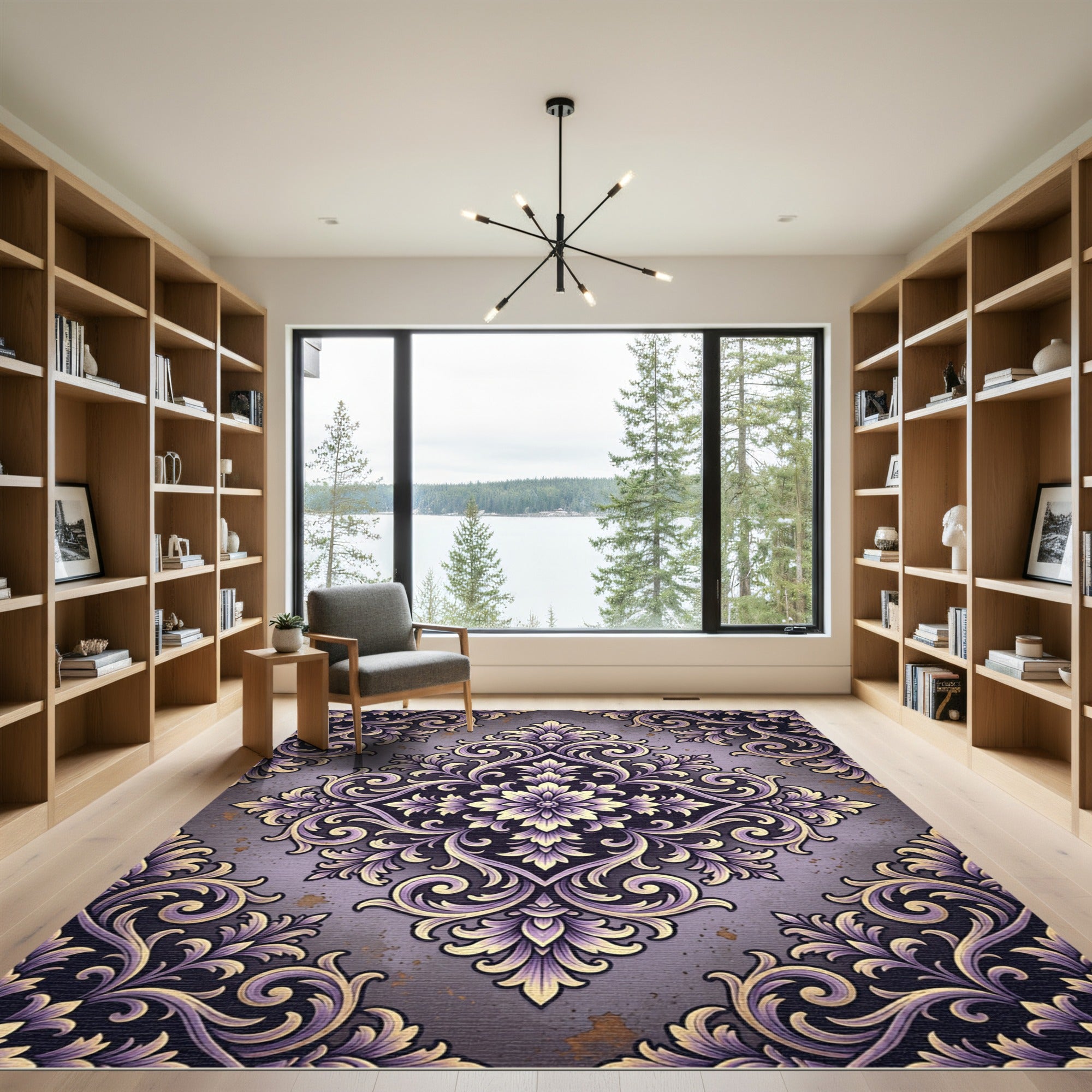 Elegant Violet Gold Floral Damask Rug