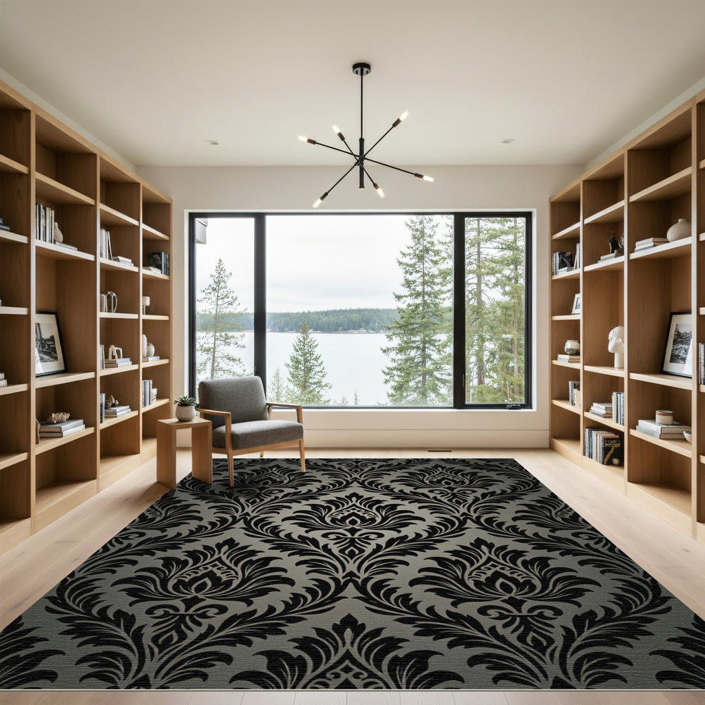 Black and Gray Damask Floral Rug