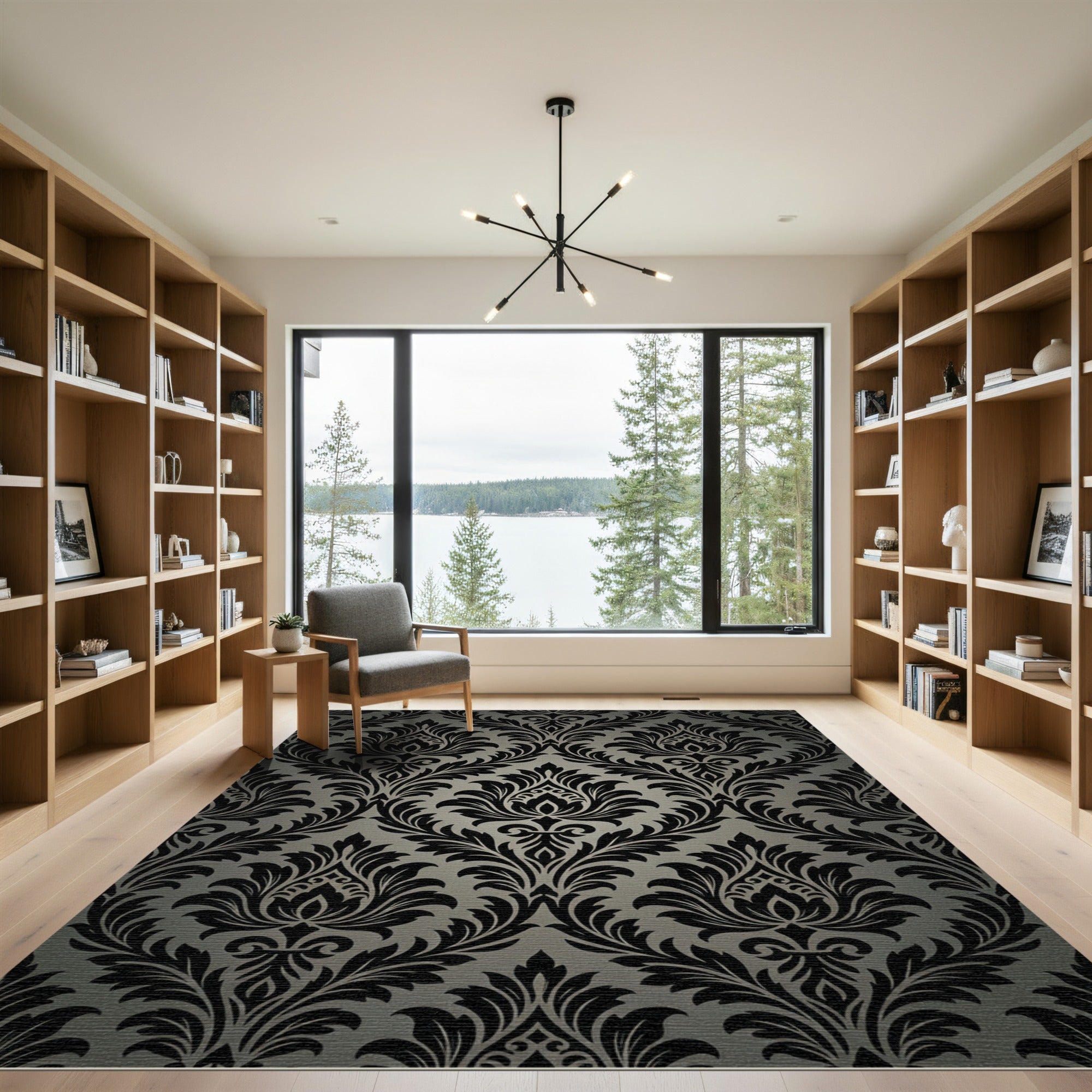 Black and Gray Damask Floral Rug