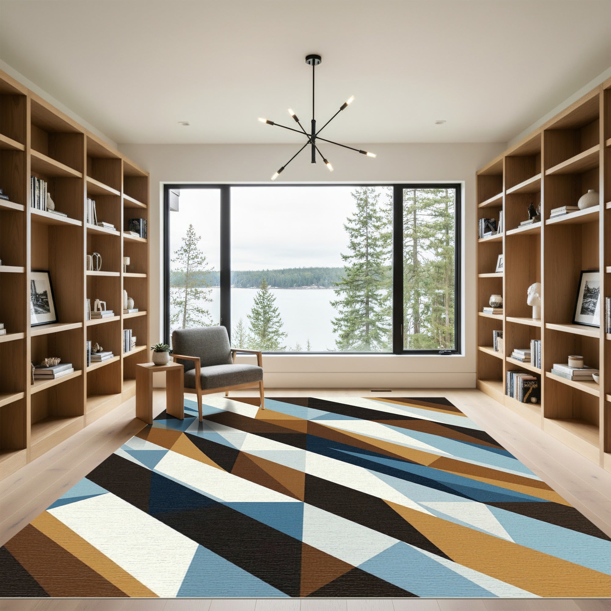 Modern Geometric Abstract Blue Brown Rug