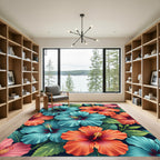 Vibrant Tropical Hibiscus Floral Botanical Rug