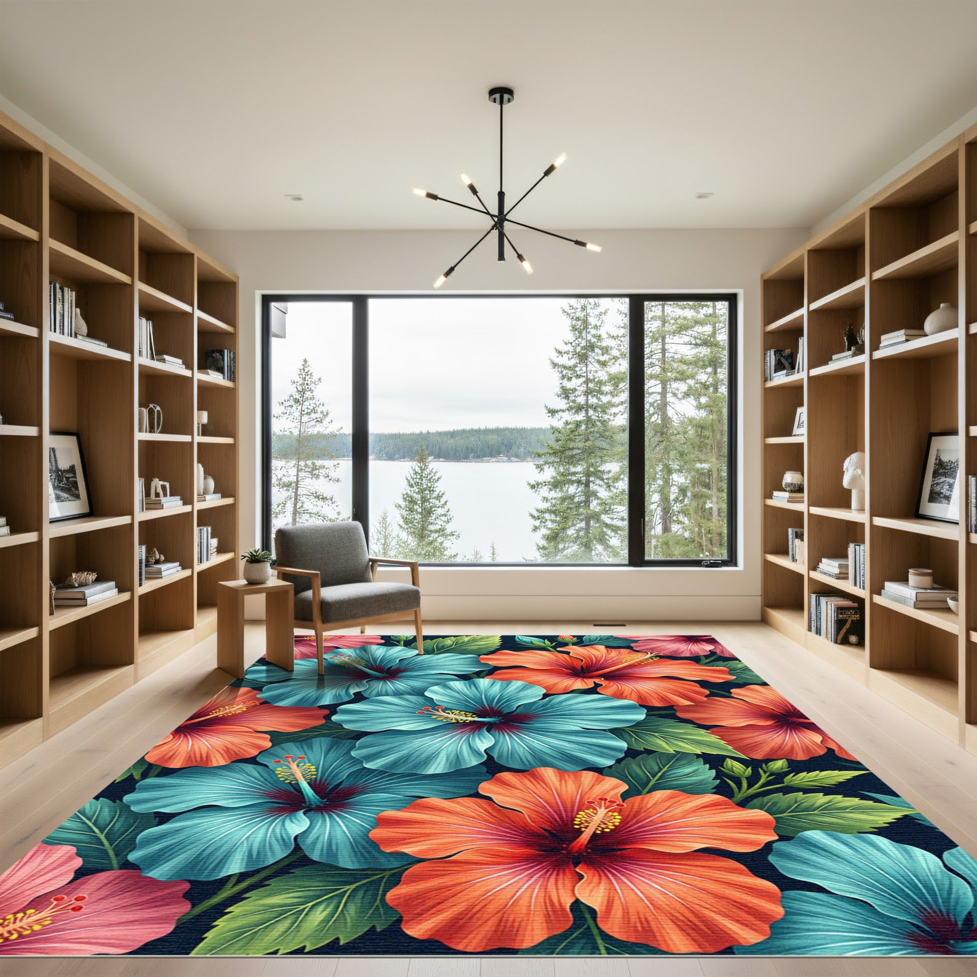 Vibrant Tropical Hibiscus Floral Botanical Rug