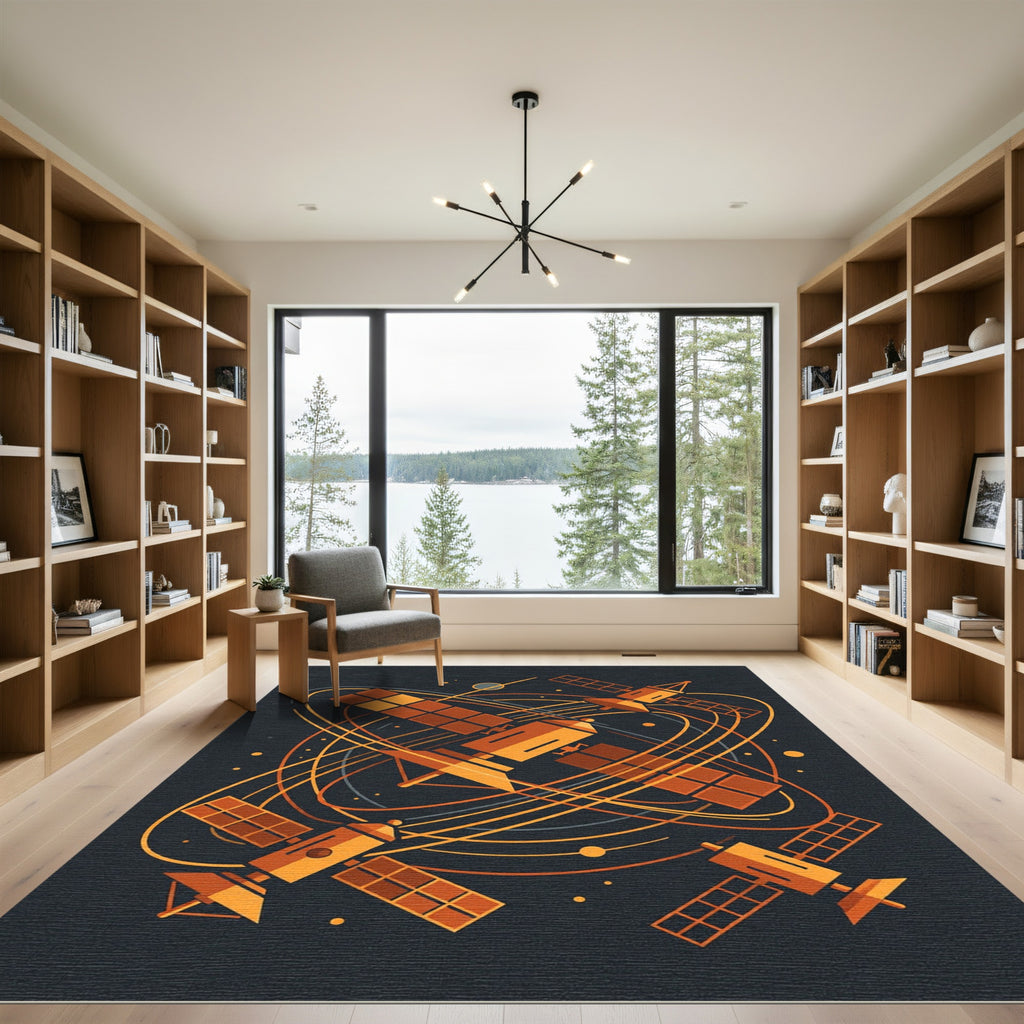 Orange Space Satellites Orbiting Rug