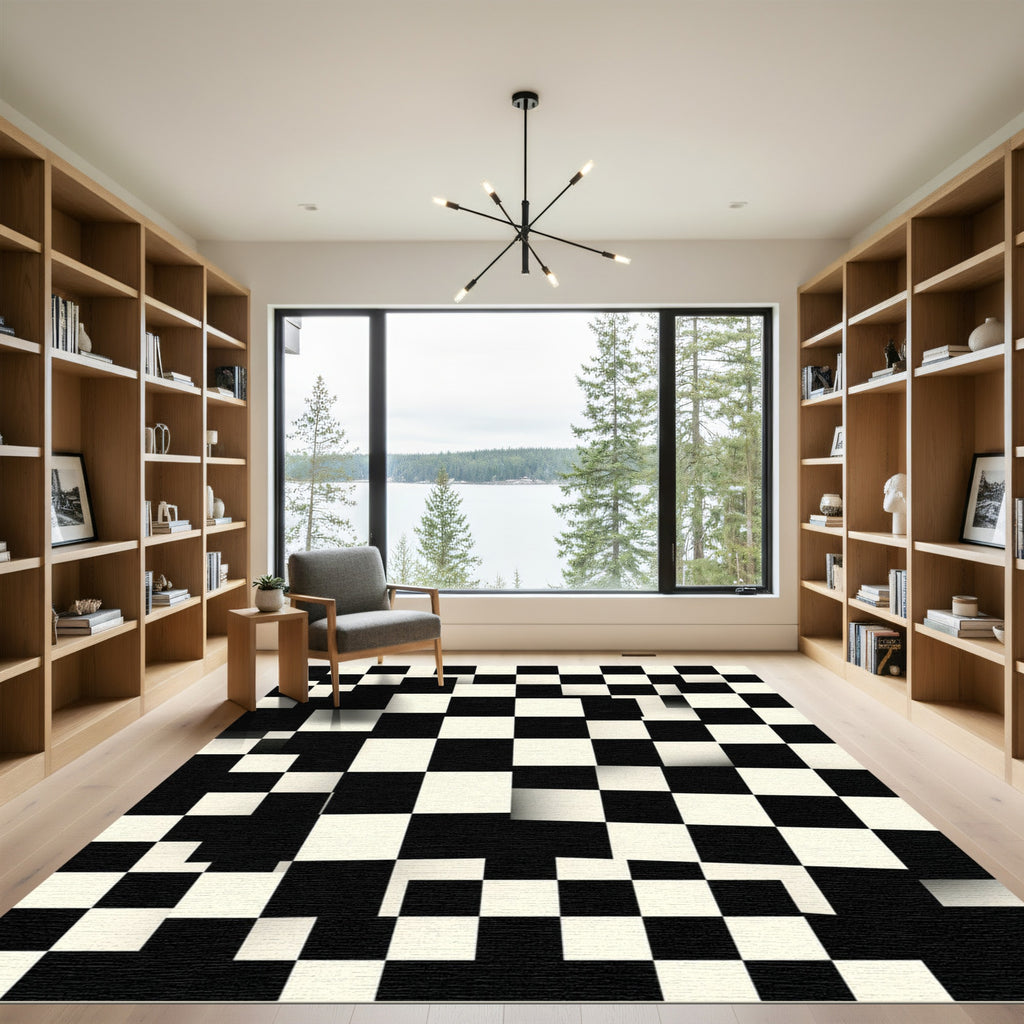 Black White Geometric Checkered Warp Rug