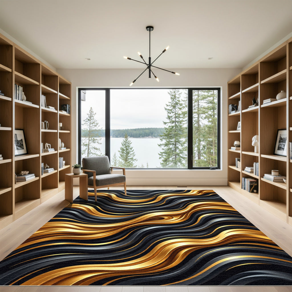 Modern Black and Gold Fluid Waves Rug