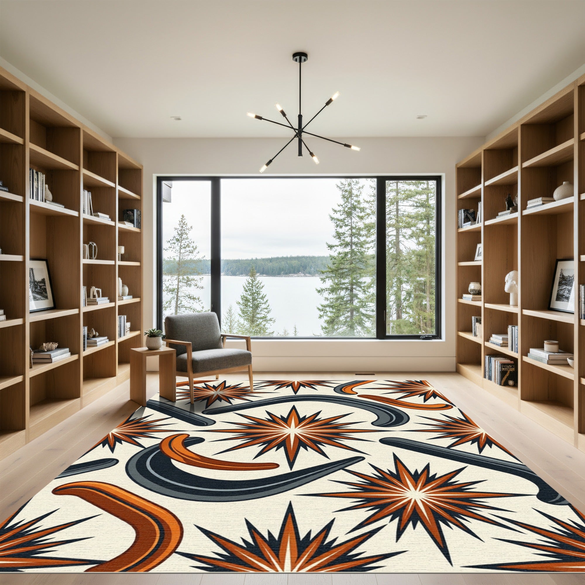 Midcentury Burnt Orange Gray Celestial Star Rug