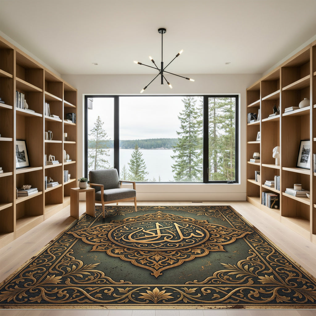 Ornate Golden Arabic Calligraphy Medallion Rug