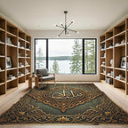 Ornate Golden Arabic Calligraphy Medallion Rug