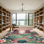 Pink Cherry Blossom Pagoda Birds Bridge Rug