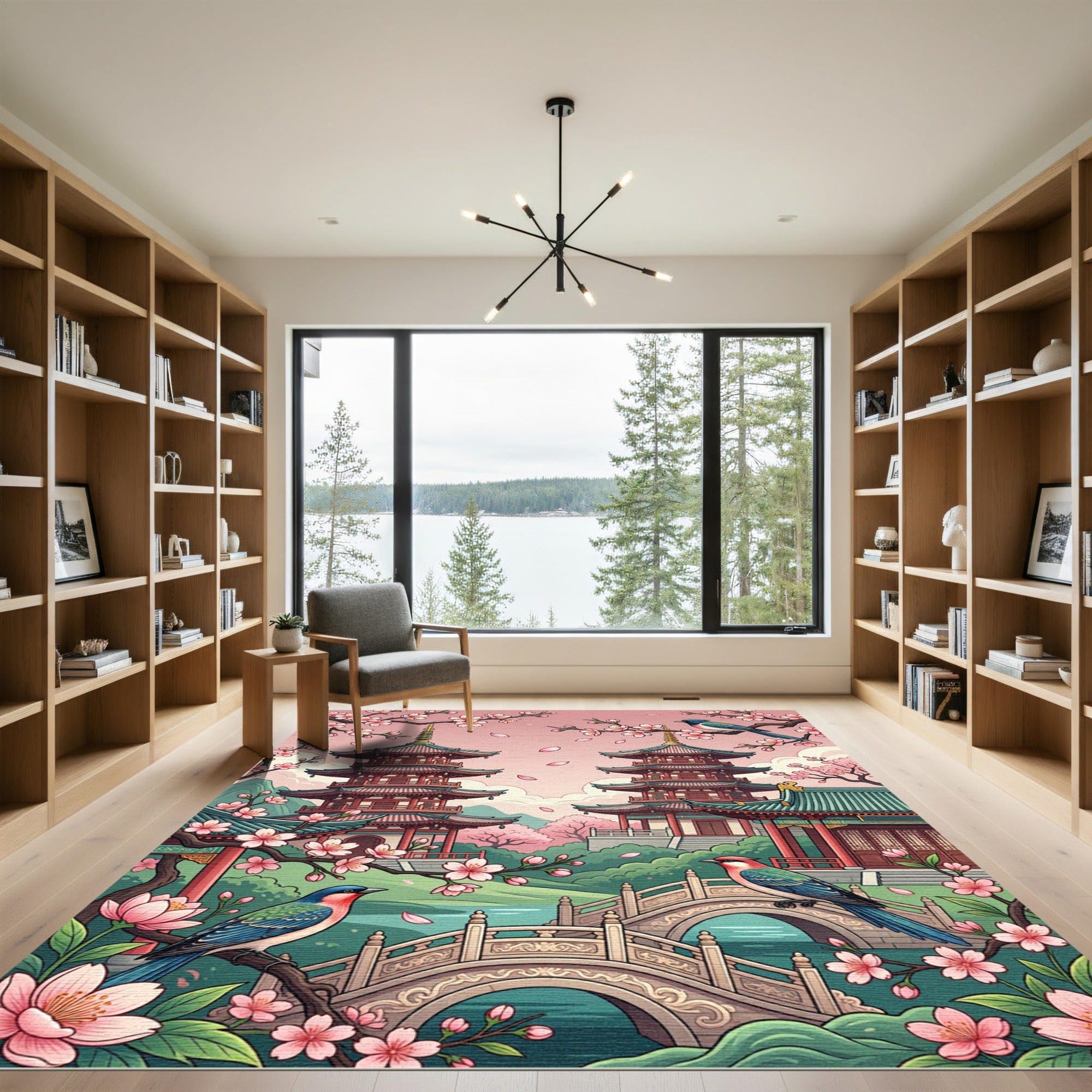 Pink Cherry Blossom Pagoda Birds Bridge Rug