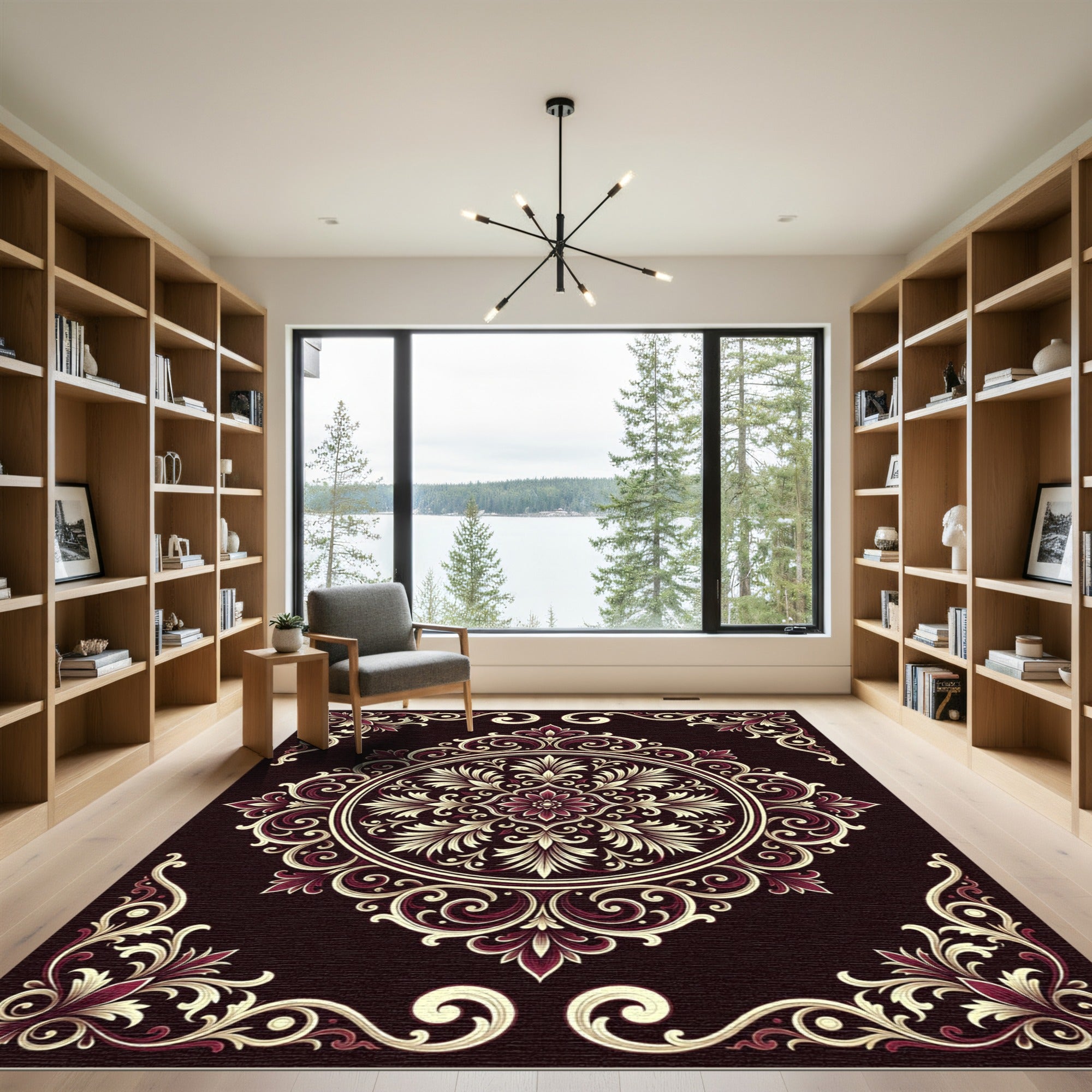 Vibrant Burgundy Floral Medallion Frame Rug