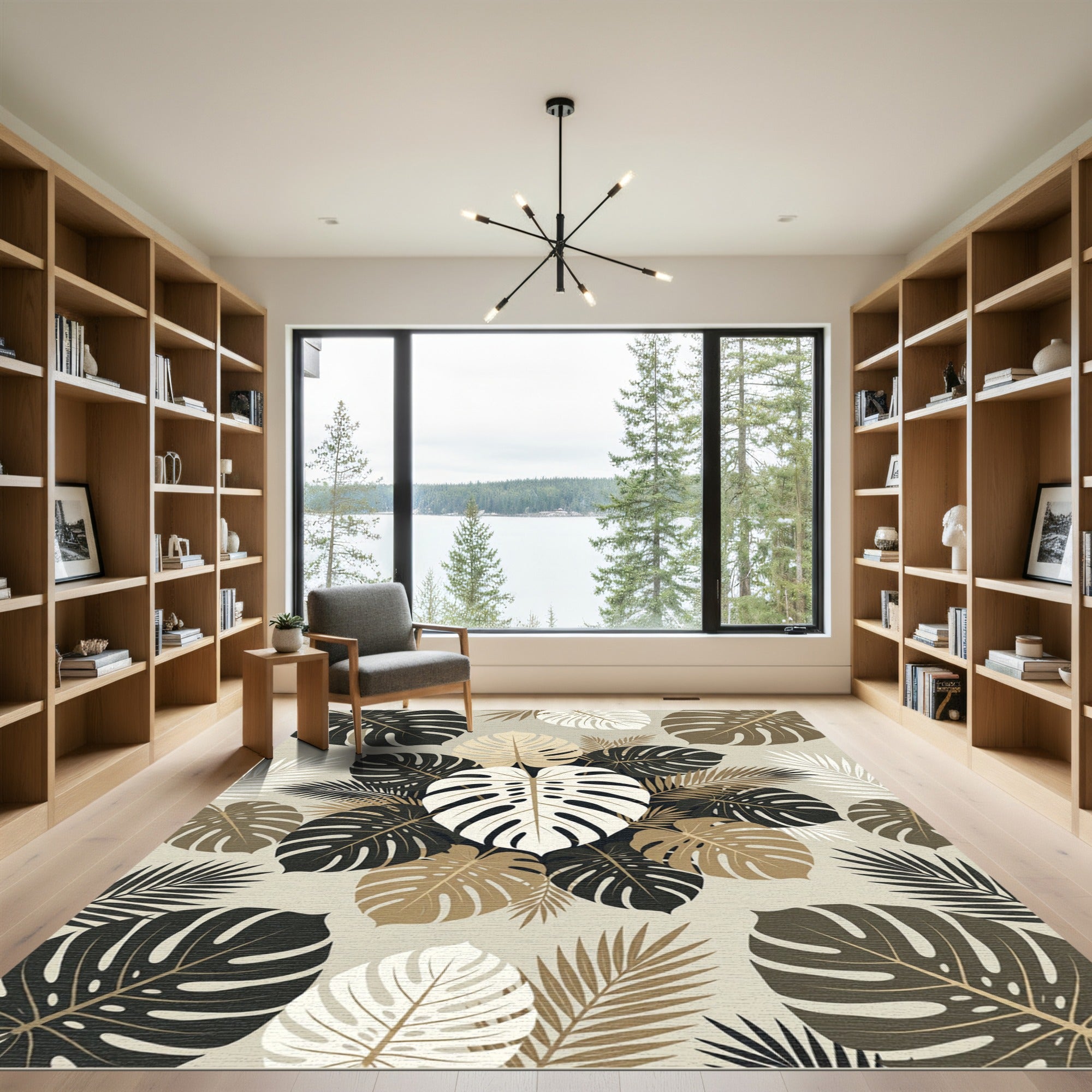 Neutral Tropical Monstera Leaf Botanical Rug