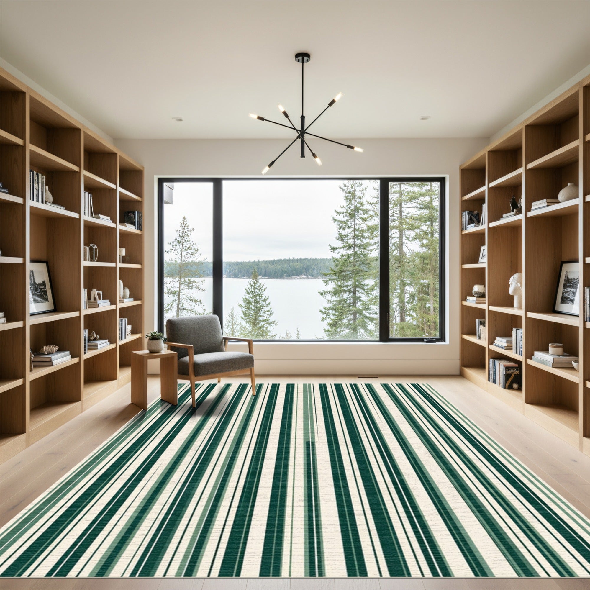 Dark Green Cream Vertical Stripe Rug