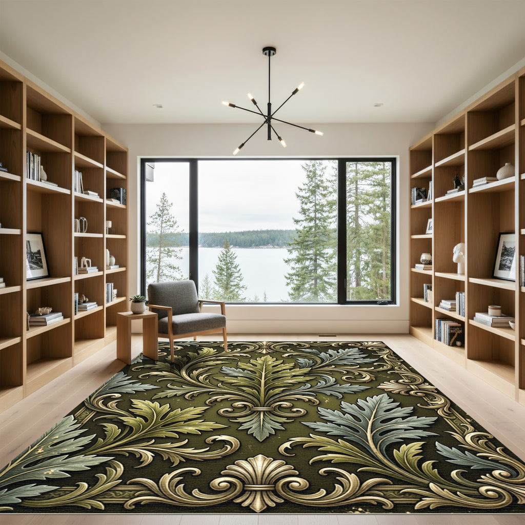Ornate Forest Green Acanthus Leaf Damask Rug