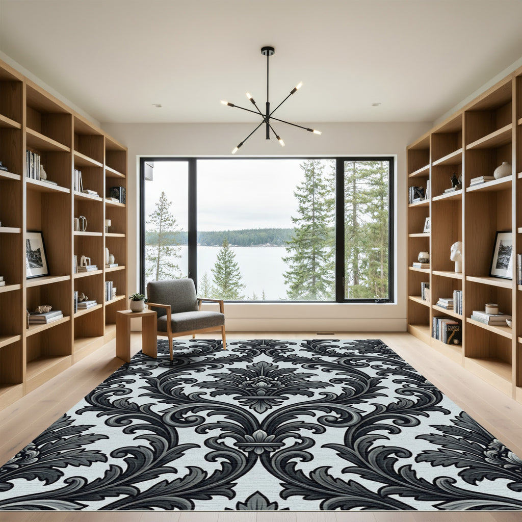 Dark Gray Flourish Scroll Damask Rug