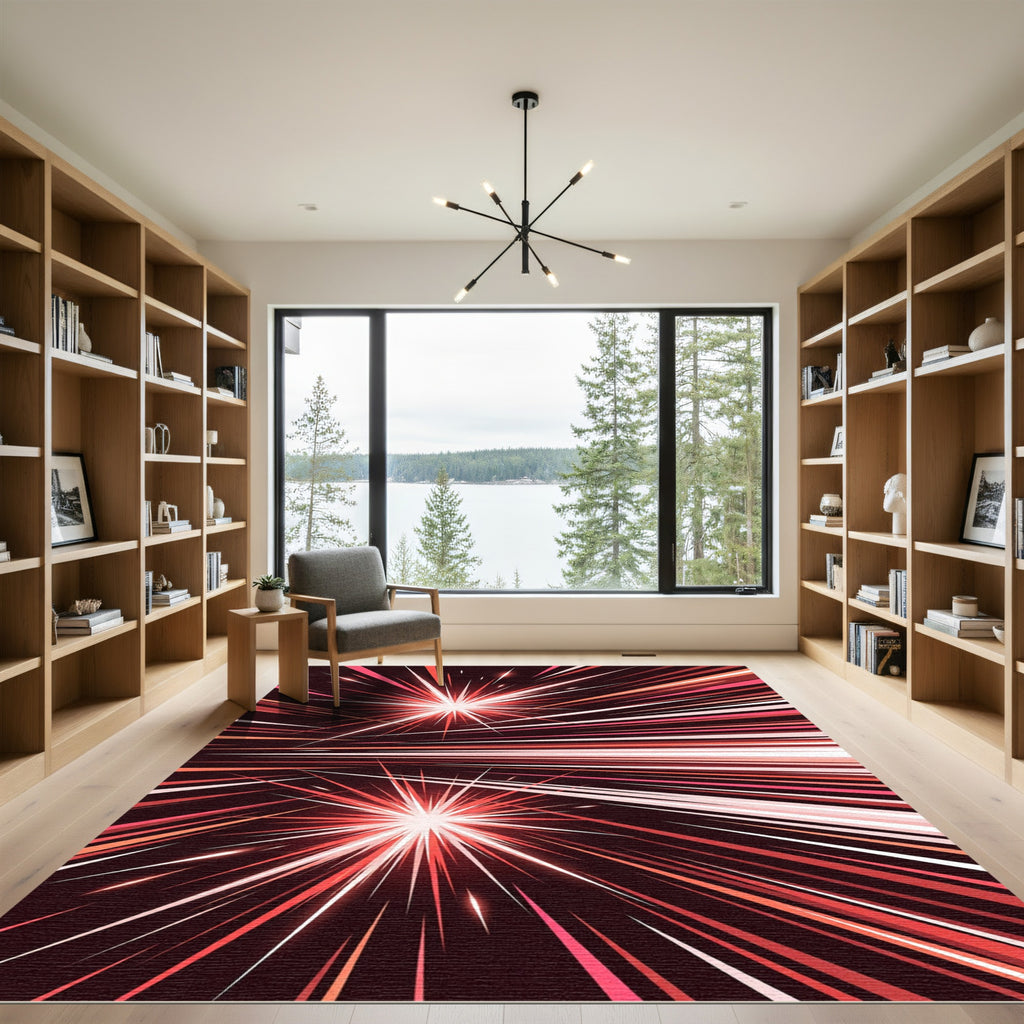 Radiant Energy Burst Red Abstract Rug