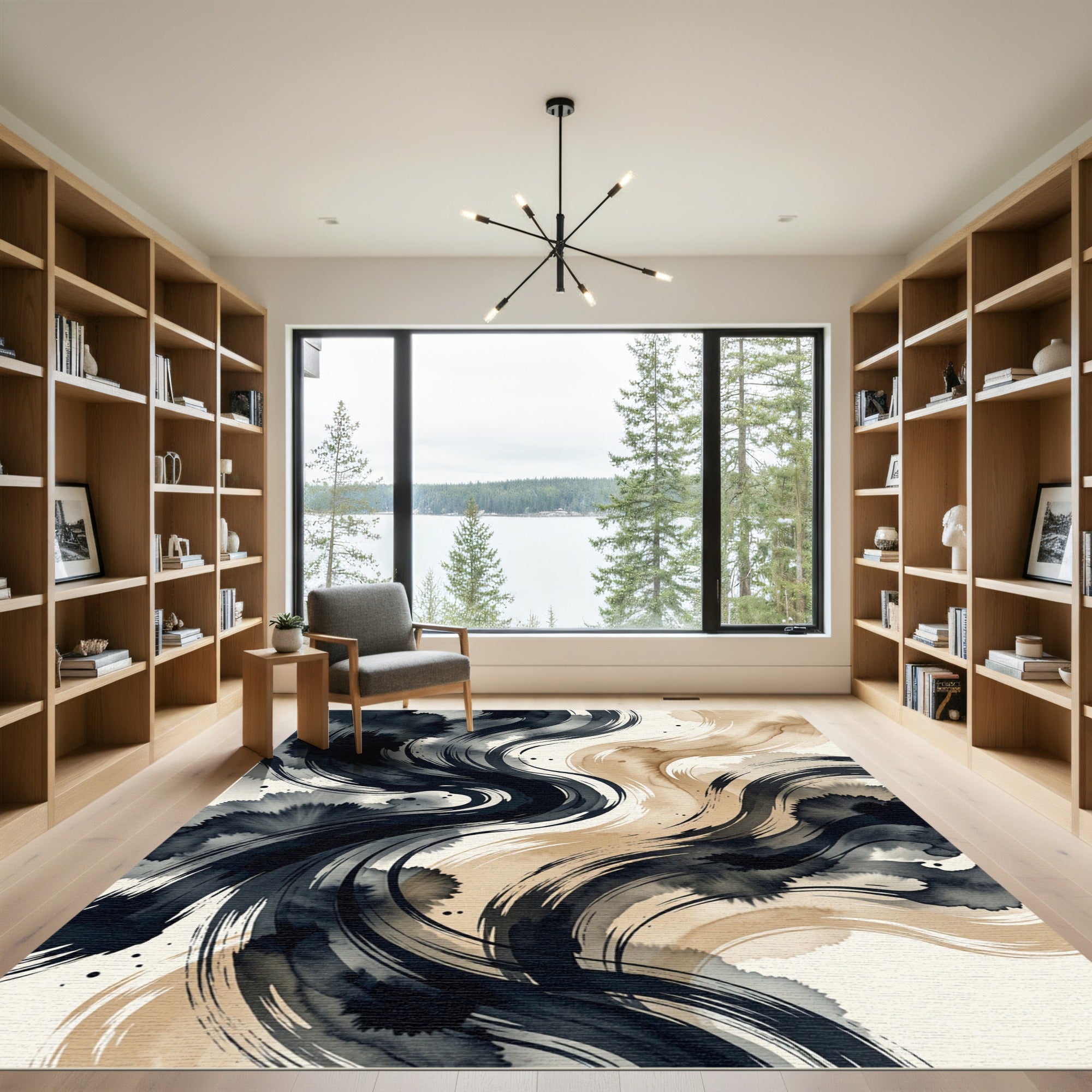 Abstract Charcoal and Bronze Fluid Swirl Rug
