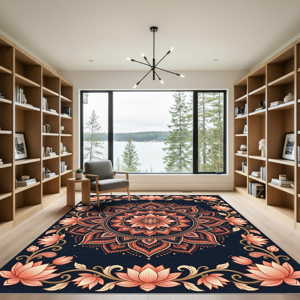 Midnight Peach Lotus Mandala Art Rug