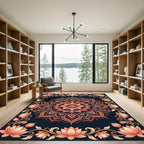 Midnight Peach Lotus Mandala Art Rug