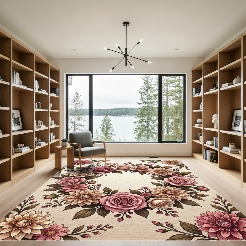 Elegant Dusty Pink Rose Dhalia Wreath Rug