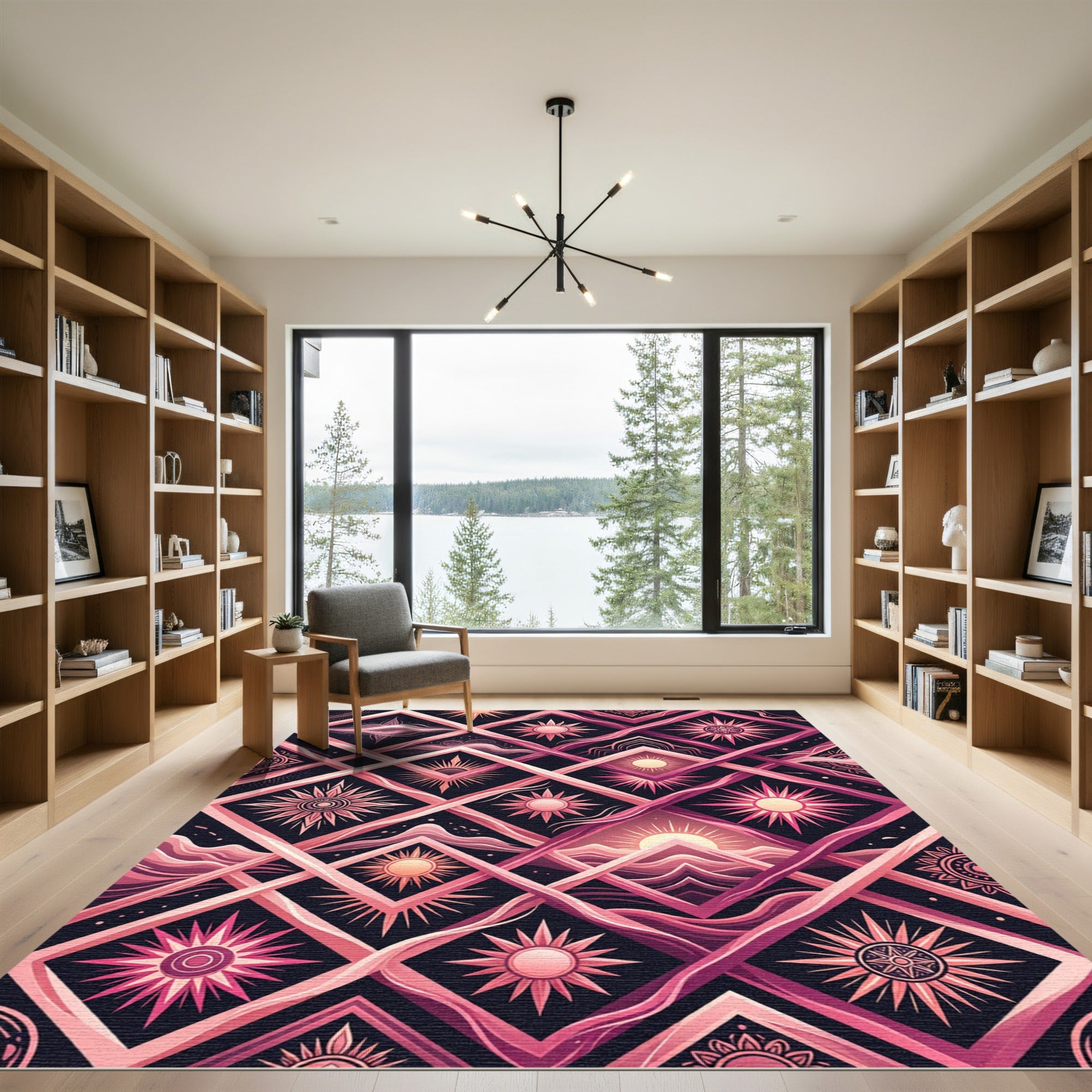 Celestial Sun Diamond Geometric Pink Art Rug