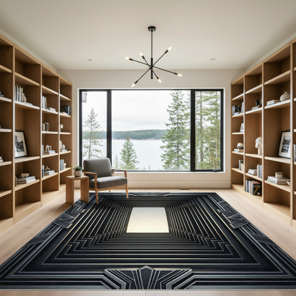 Dark Gray Art Deco Geometric Steps Rug