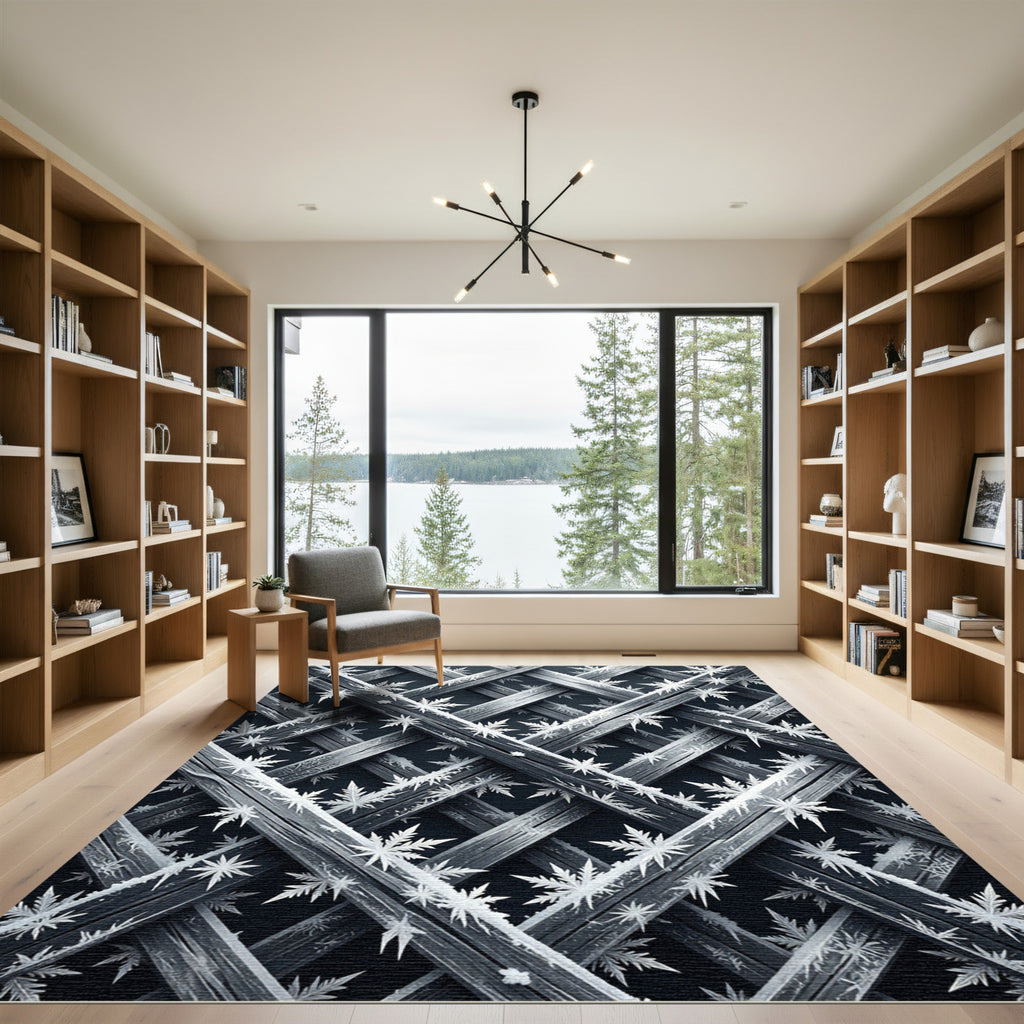 Frosted Charcoal Geometric Snowflake Grid Rug
