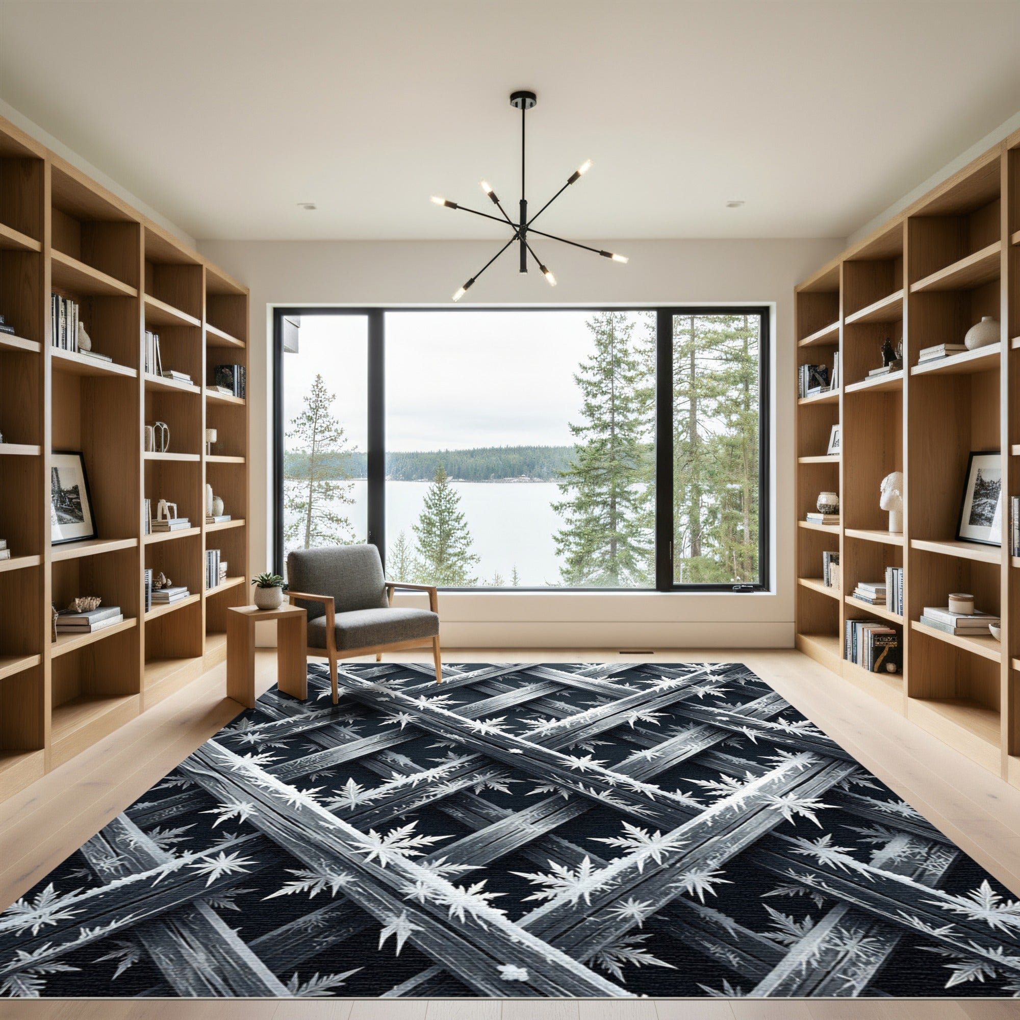 Frosted Charcoal Geometric Snowflake Grid Rug