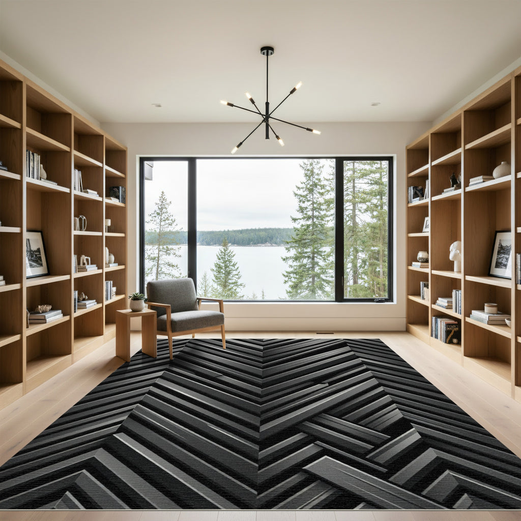 Modern Charcoal Chevron Geometric Abstract Rug