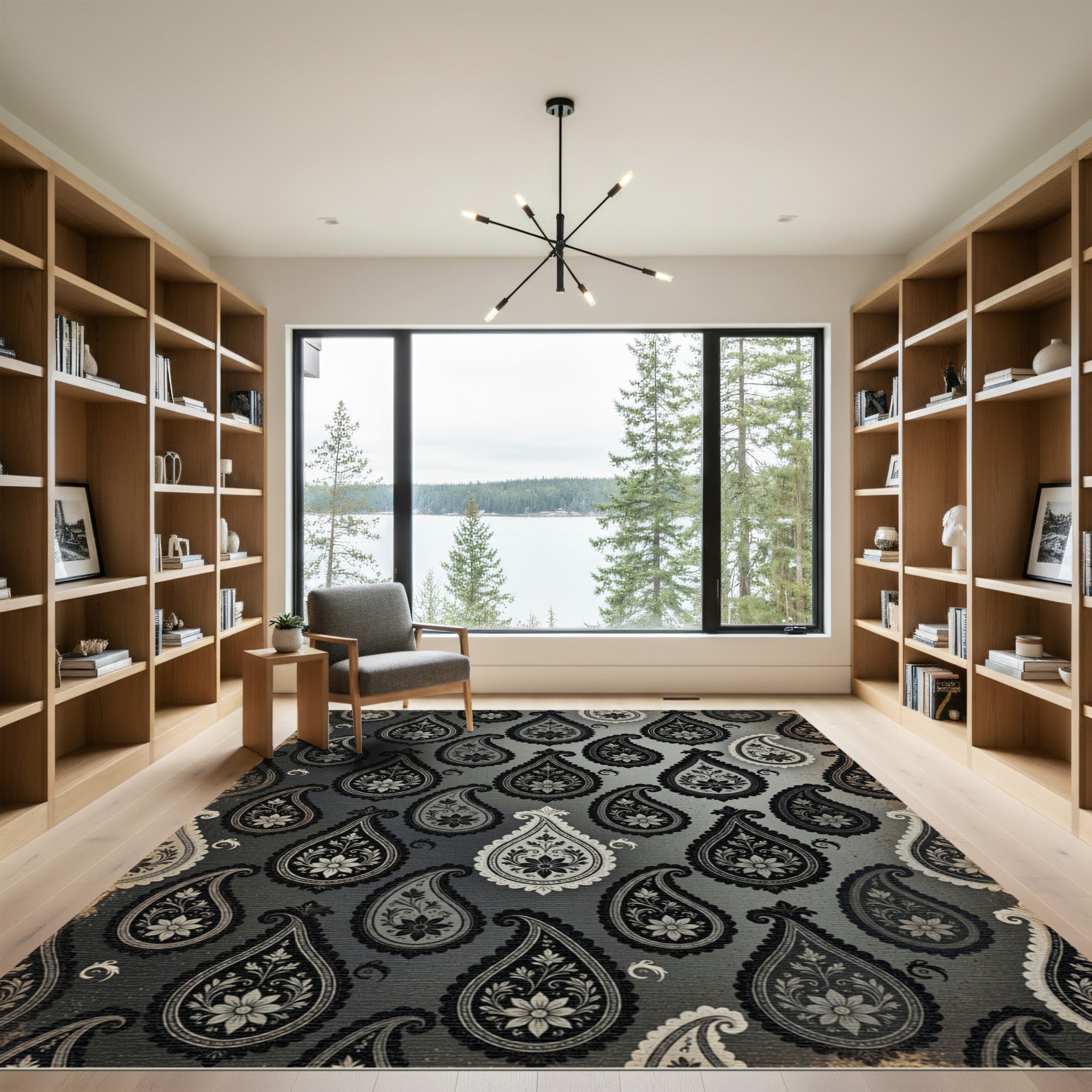 Monochromatic Gray Paisley Floral Medallion Rug
