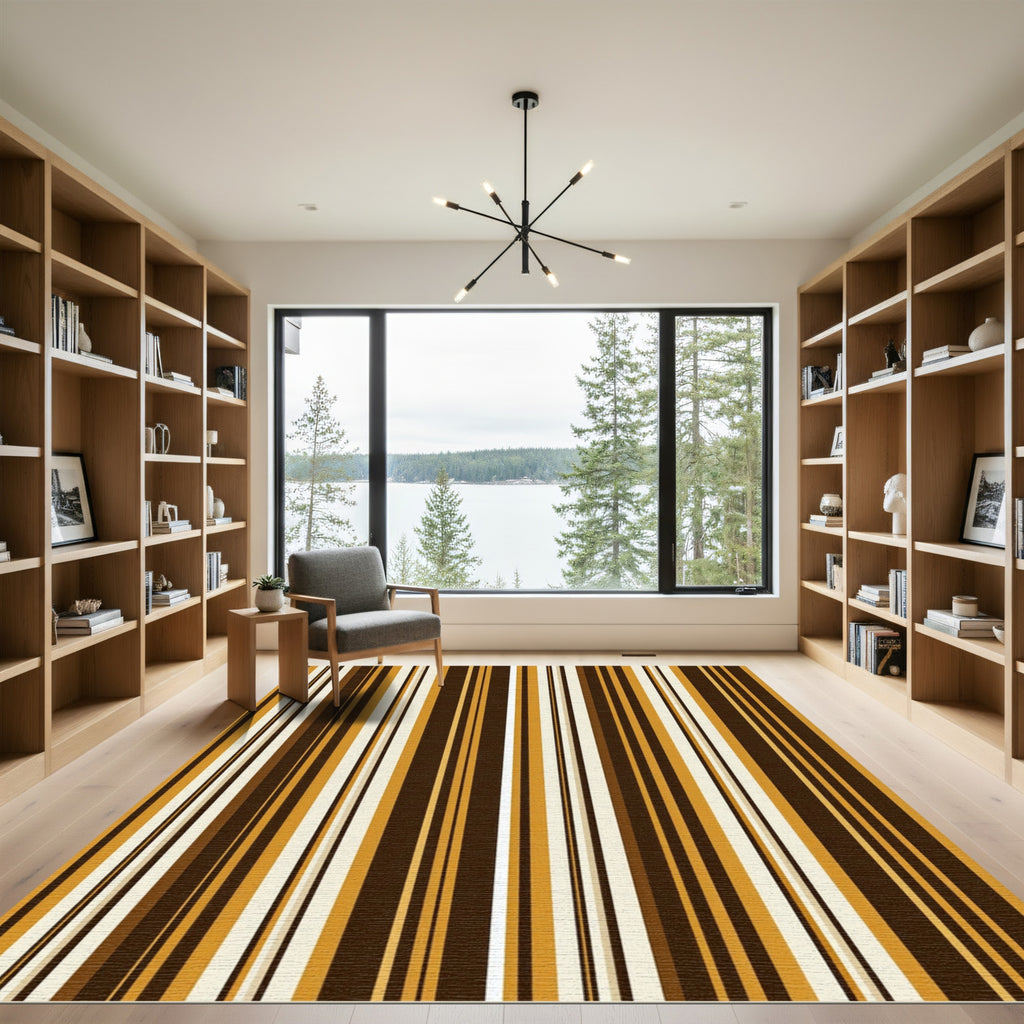 Modern Earthy Ochre Brown Striped Rug