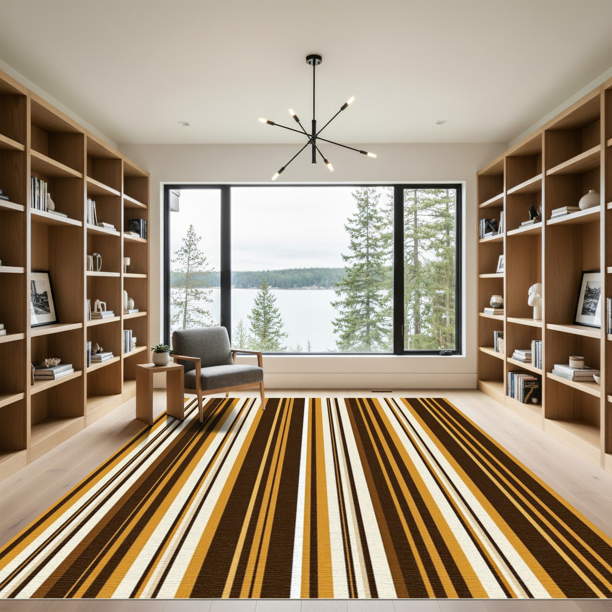 Modern Earthy Ochre Brown Striped Rug