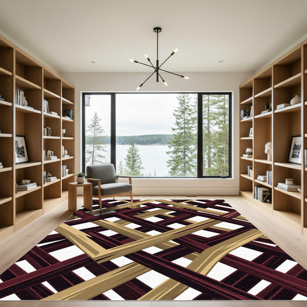 Bold Geometric Interlocking Burgundy Gold Grid Rug