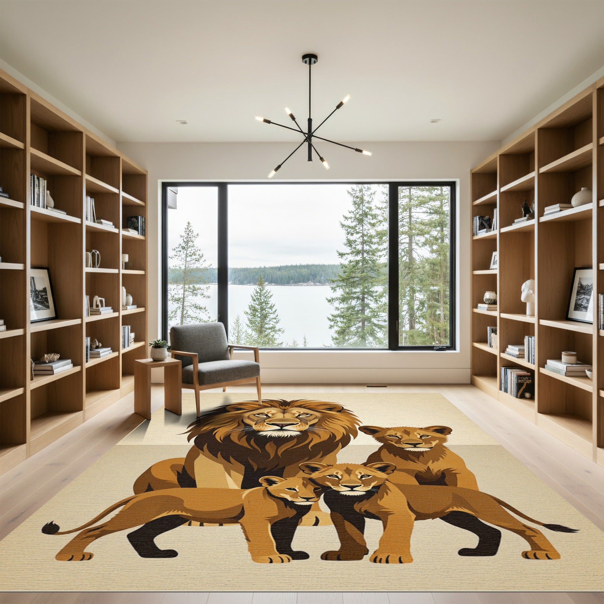 Majestic Golden Lion Family Art Rug