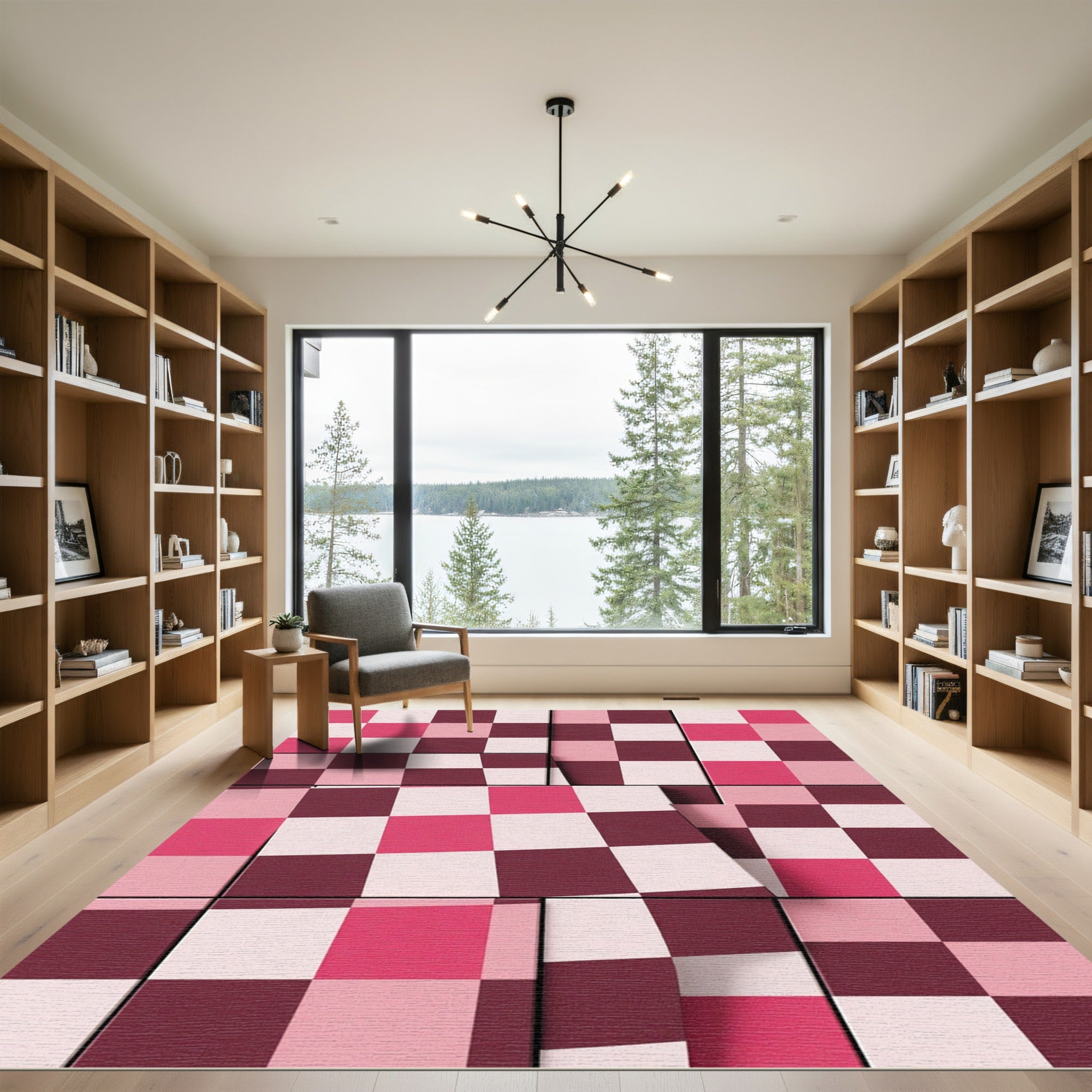 Crimson Pink Checkerboard Geometric Rug