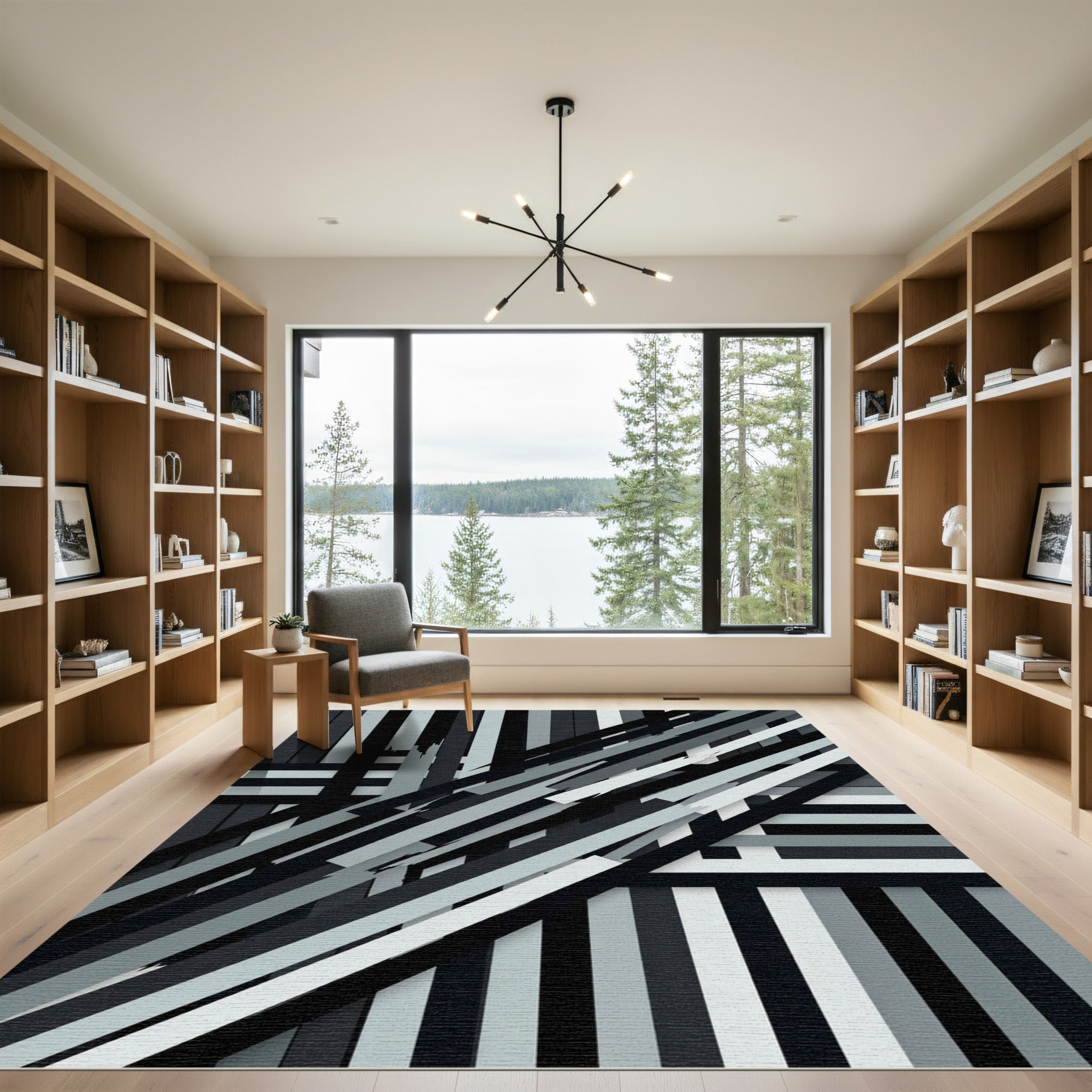 Monochrome Abstract Geometric Diagonal Stripe Rug