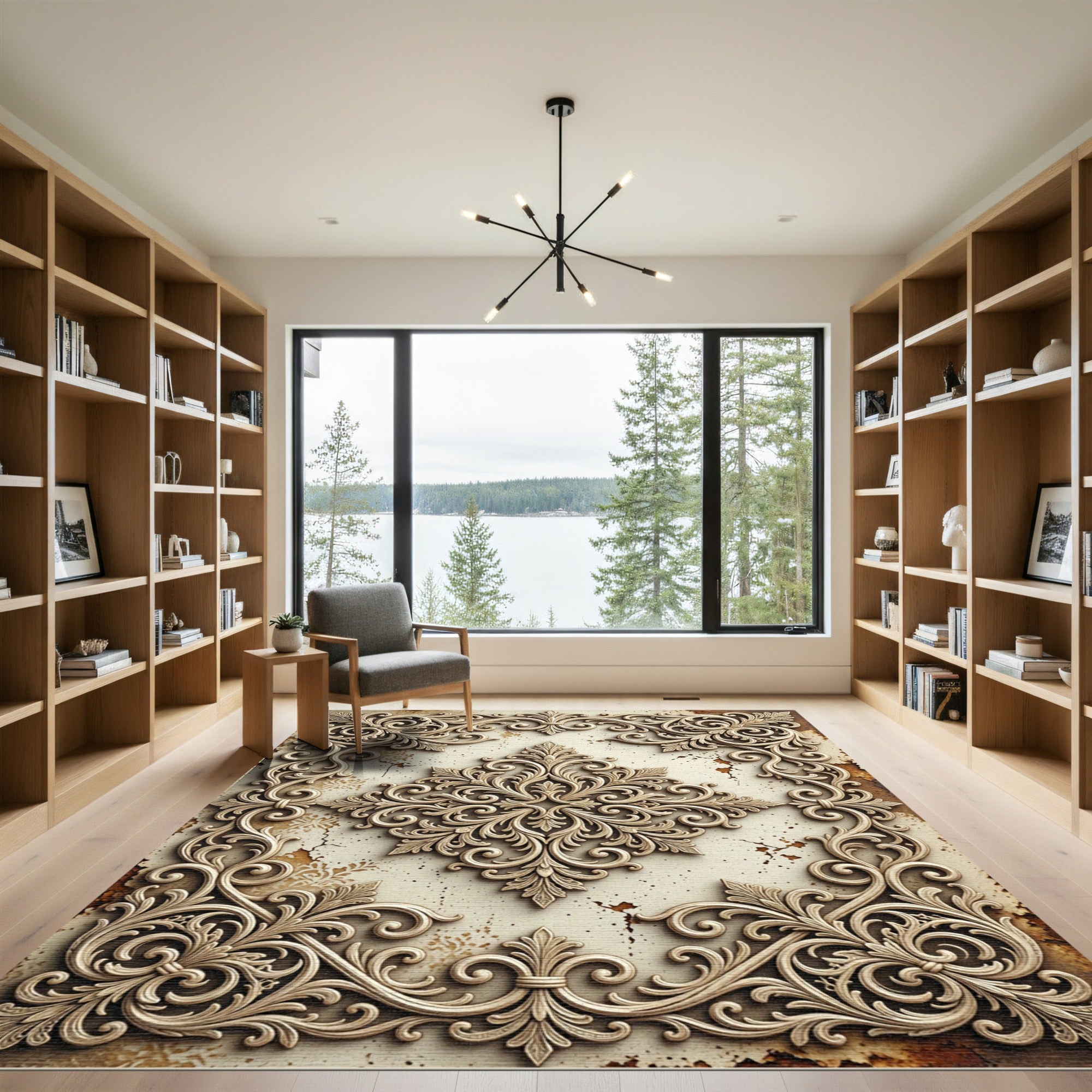 Ornate Ivory Filigree Damask Scroll Rug