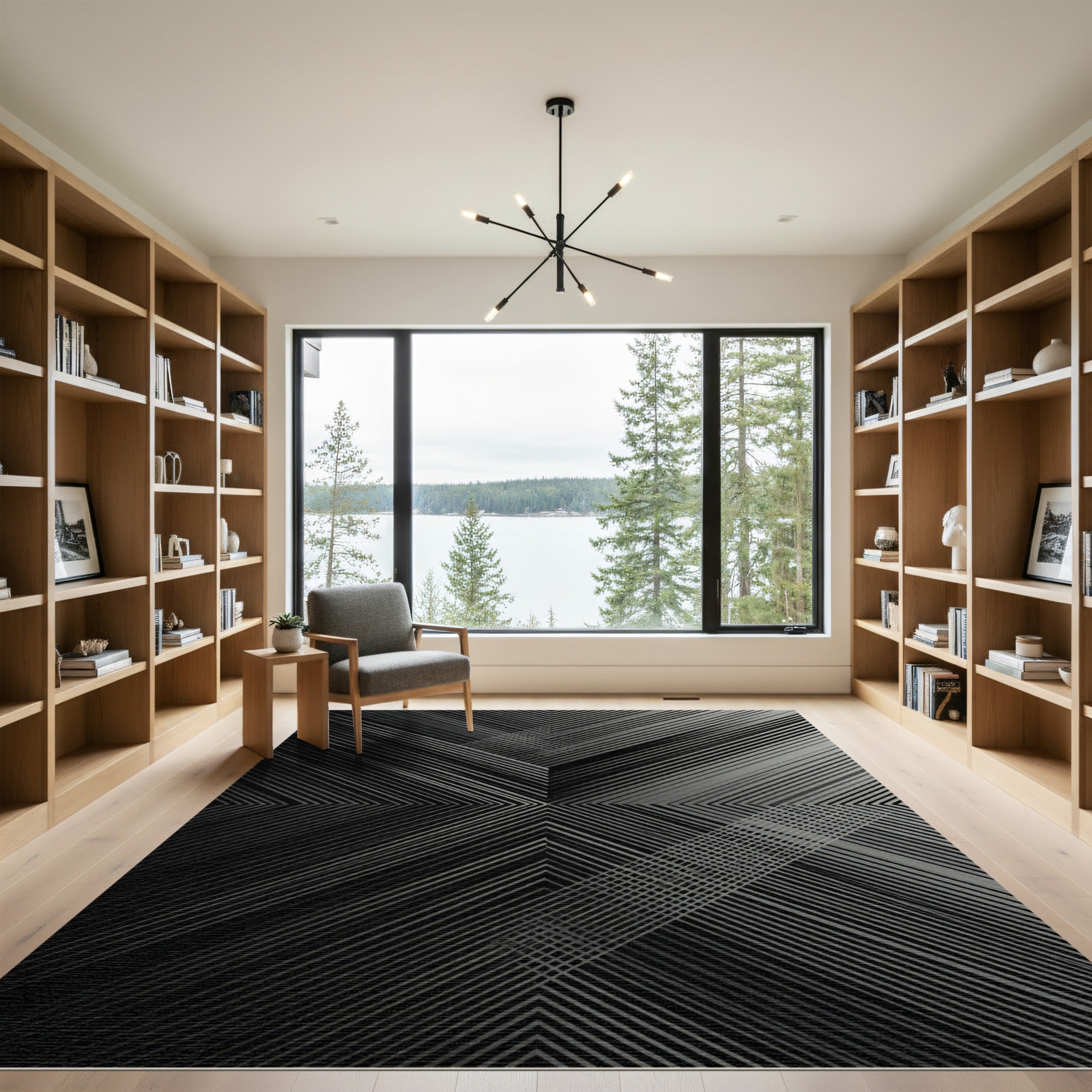 Sleek Black Geometric Chevron Stripe Rug