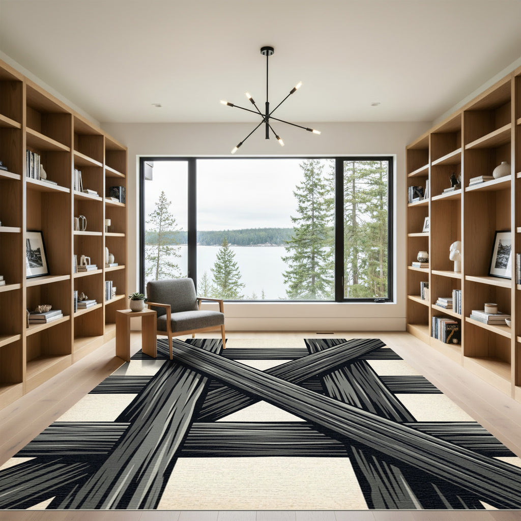 Monochrome Charcoal Abstract Intersecting Beam Rug