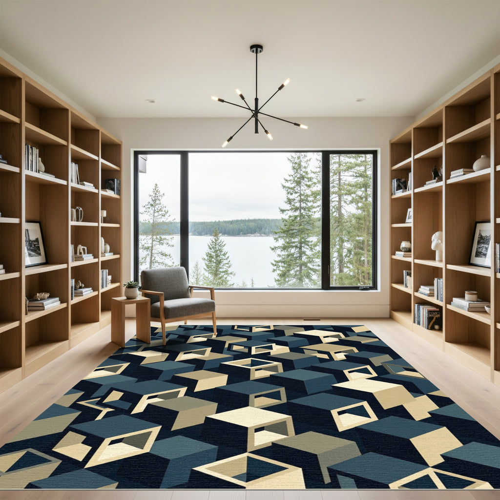 Modern Isometric Cube Geometric Navy Sage Rug