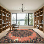 Coral Black Ornate Floral Mandala Rug