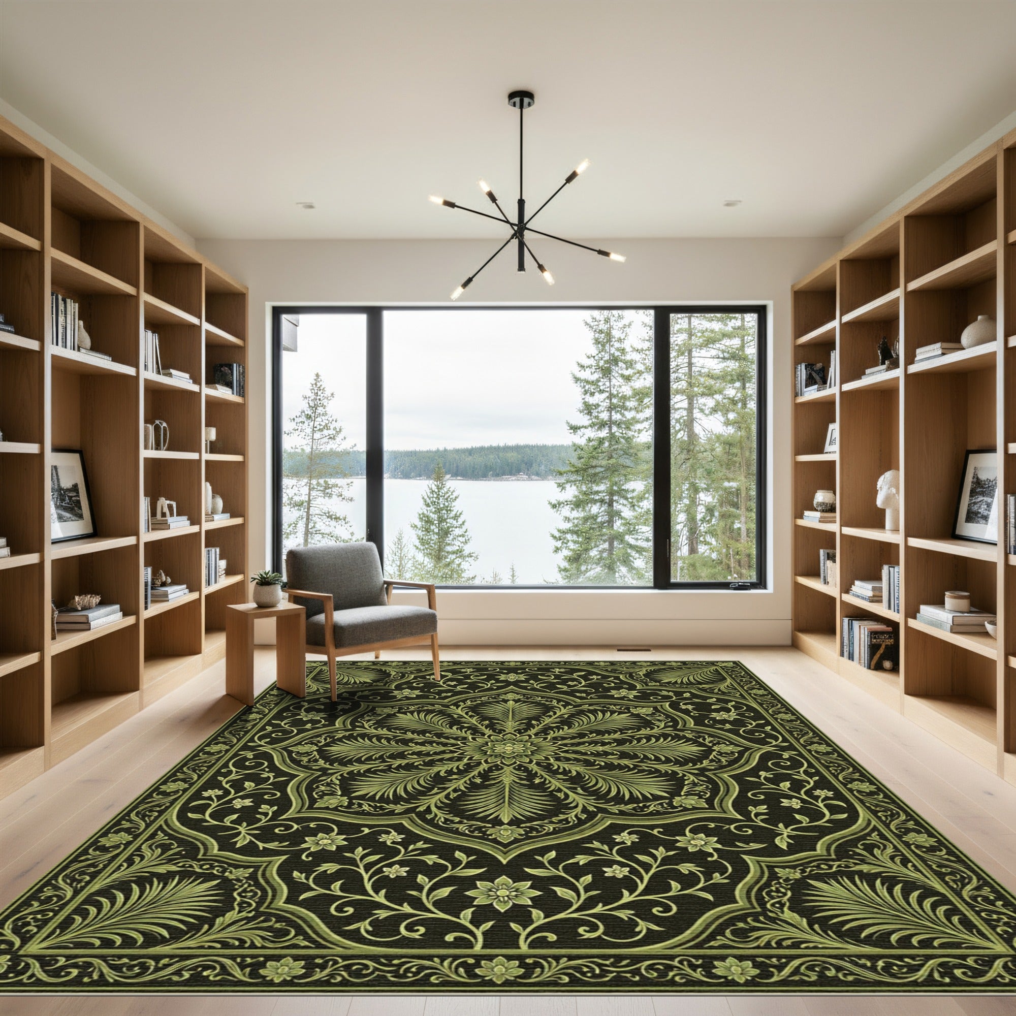 Olive Green Floral Medallion Art Rug