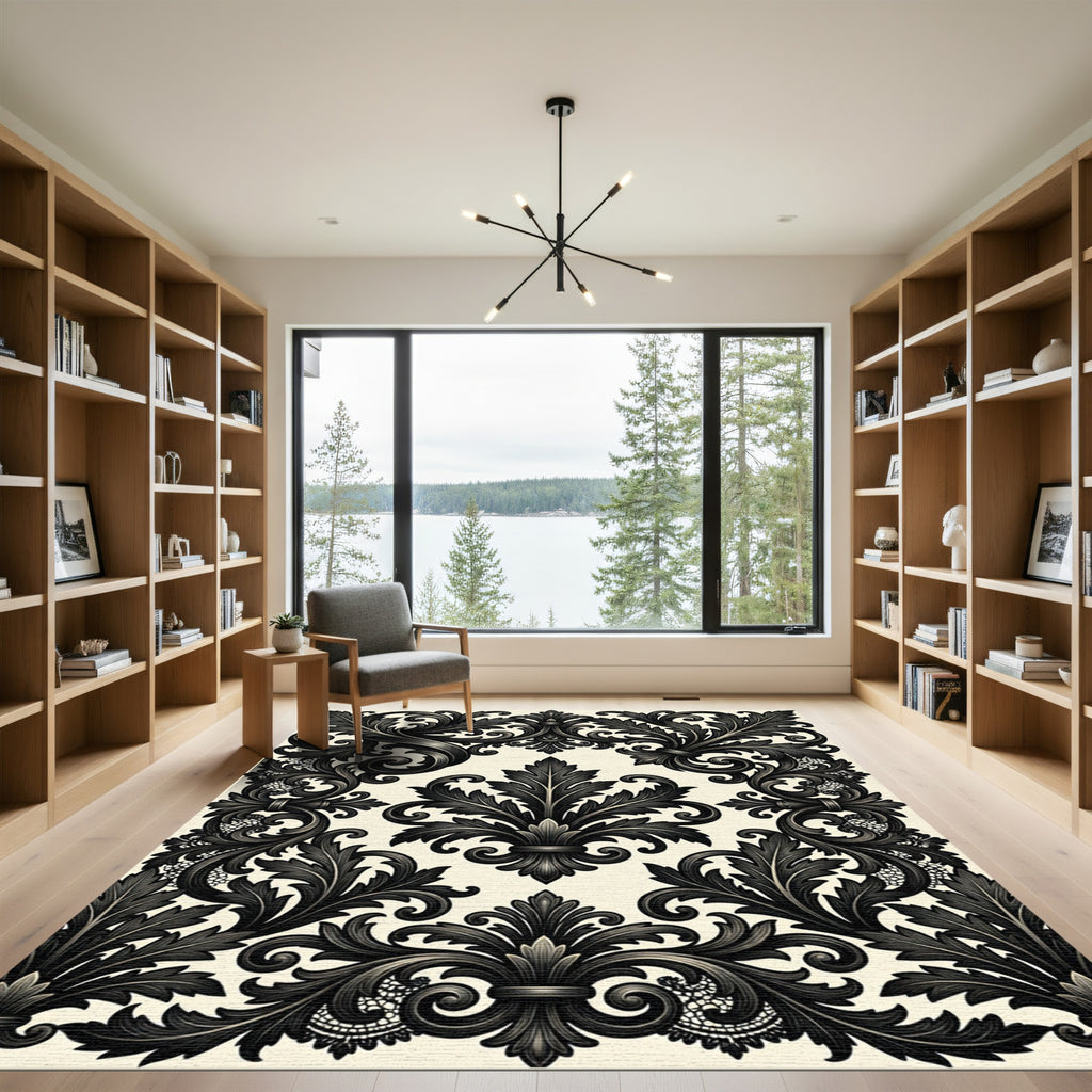 Elegant Charcoal Baroque Damask Scroll Rug