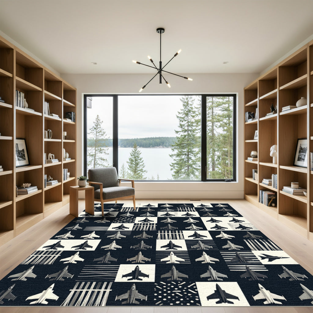 Monochrome Jet Aircraft Geometric Grid Rug