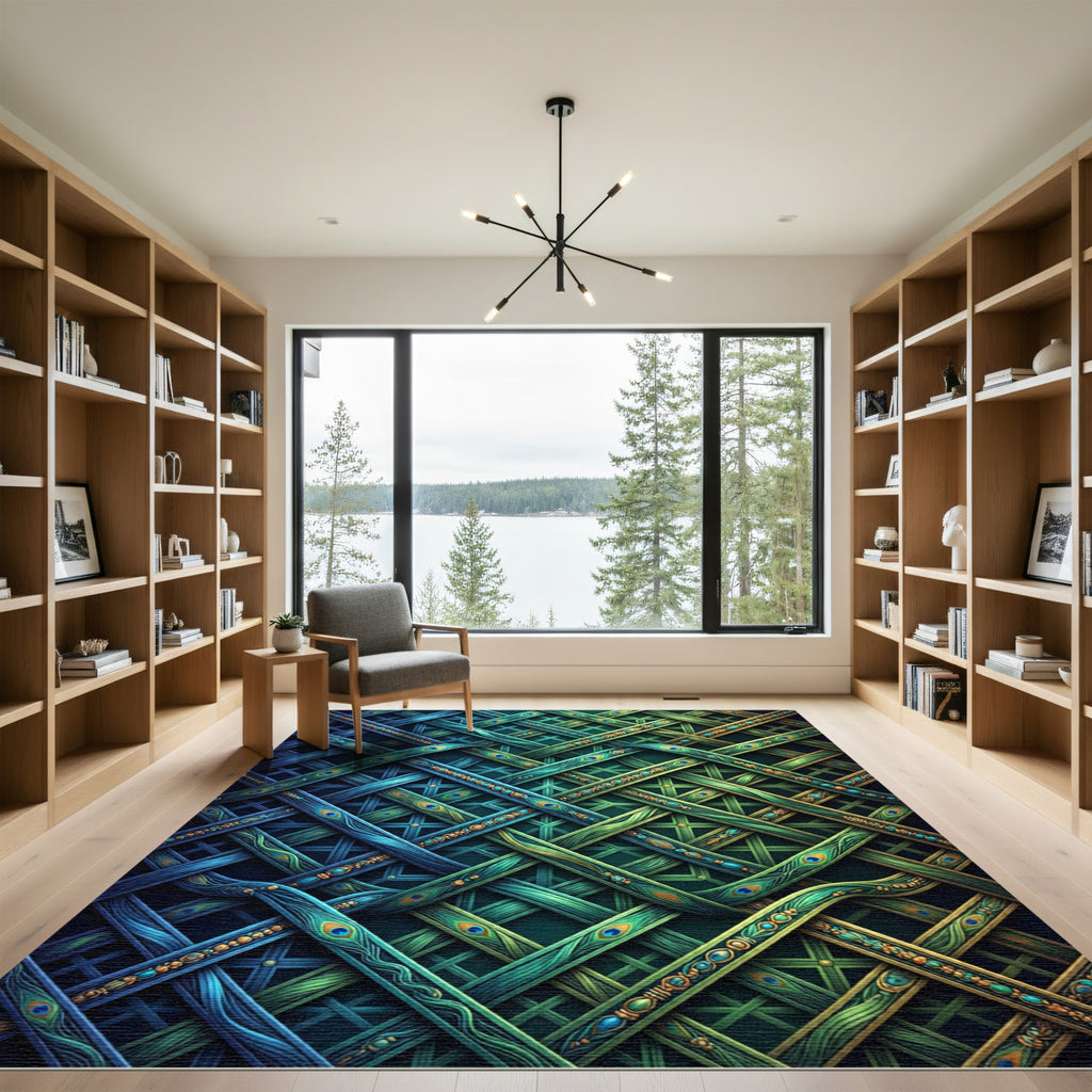 Peacock Plume Woven Lattice Teal Rug