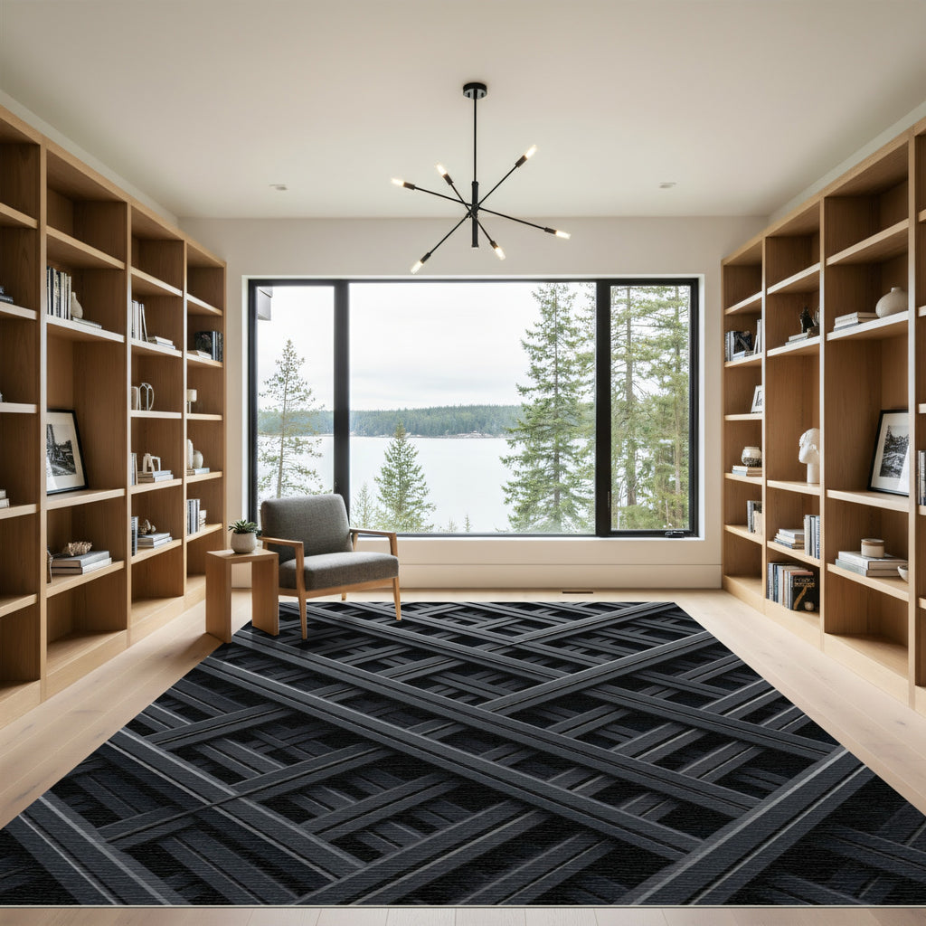 Modern Charcoal Geometric Intersecting Grid Rug