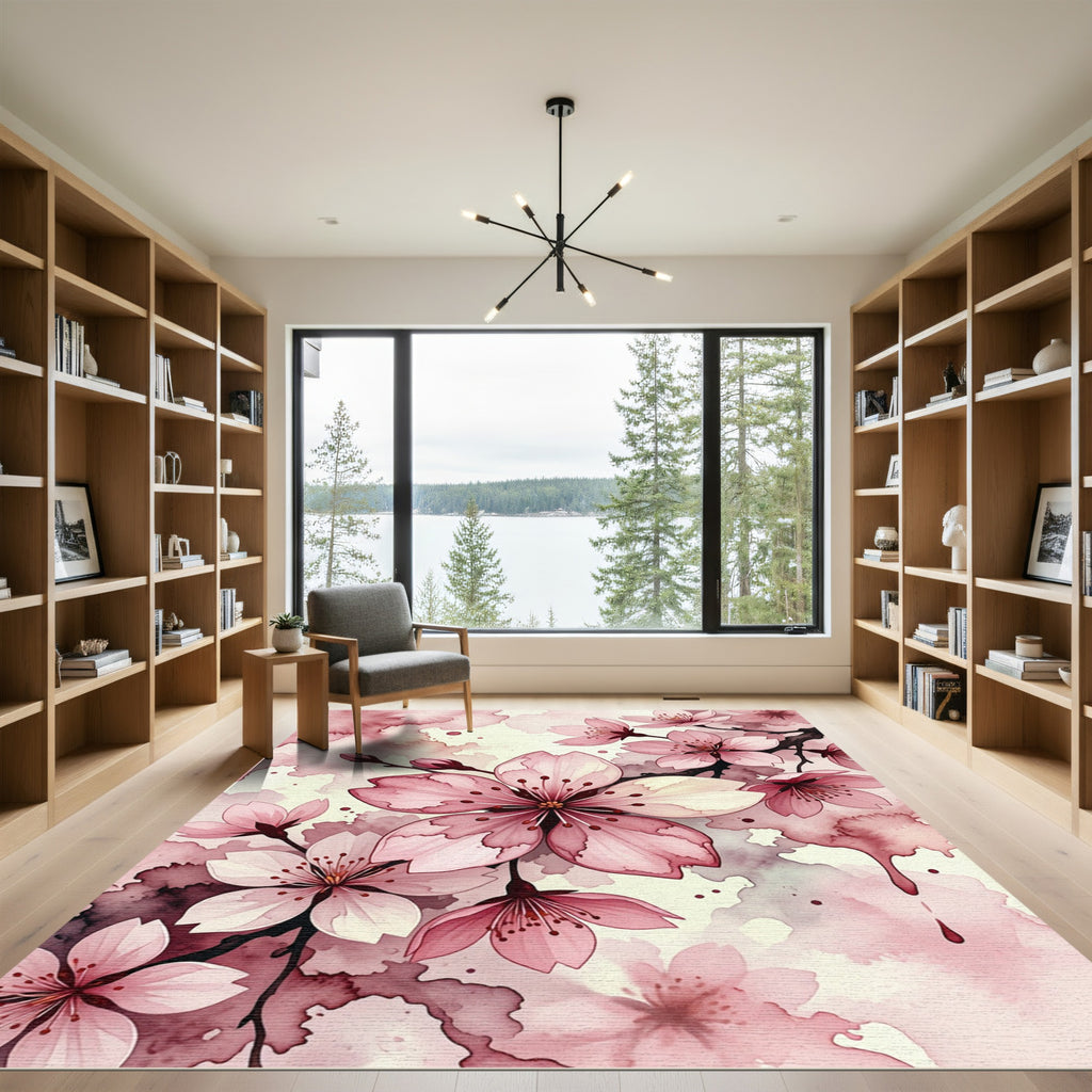 Pink Cherry Blossom Watercolor Floral Rug