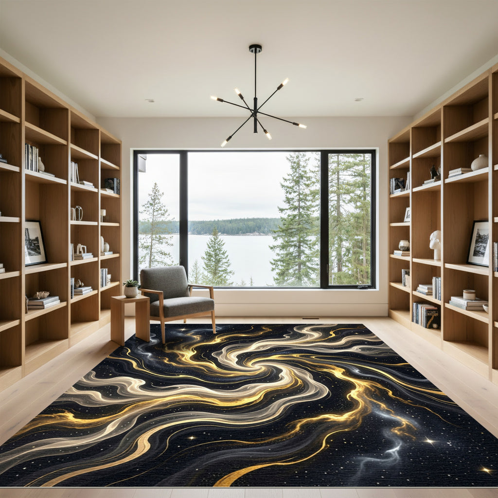 Golden Celestial Swirl Galactic Vortex Rug